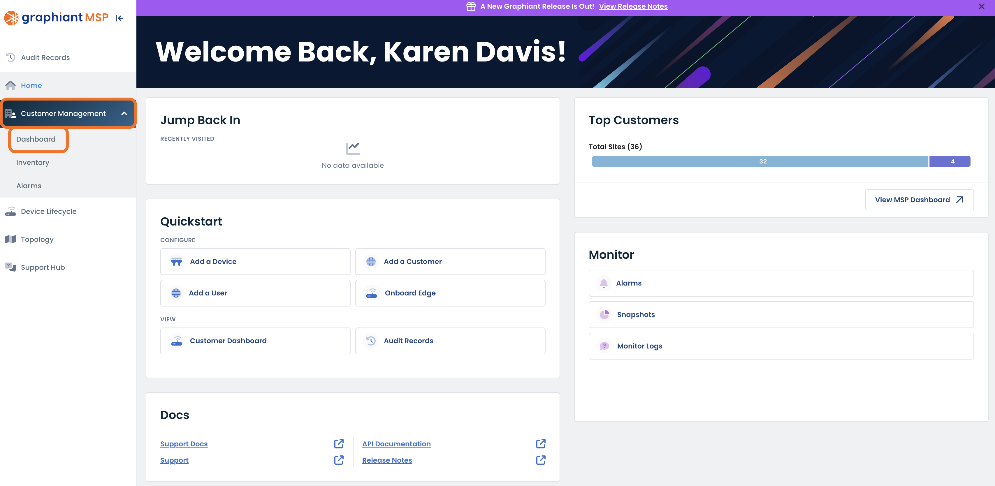 Dashboard overview for customer management with options for adding devices and users.